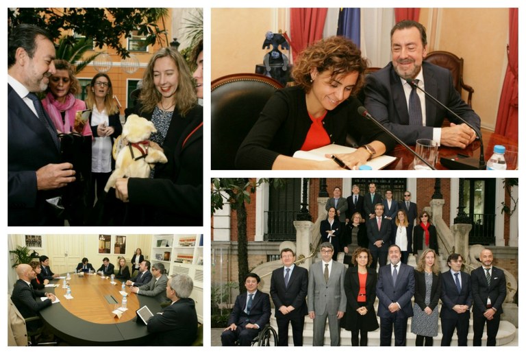 Collage gráfico con la ministra durante su reunión de trabajo con los directivos ONCE, firmando en su Libro de Honor, en la escalera del Consejo con el Pleno y sus colaboradores ministeriales y, en la despedida, agasajada con un peluche de perro guía