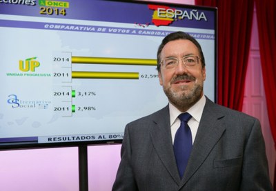 Miguel Carballeda en el centro de control de escrutinio de votos en el Centro Deportivo y Cultural de la ONCE en Madrid