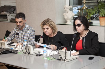 Cabecera del Pleno del Observatorio, formada (de izquierda a derechas), por Juan Fernández, secretario, Teresa Palahí e Isabel Viruet, miembro del Pleno del Observatorio