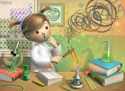 Dibujo alegórico de una joven estudiante en un laboratorio junto a una probeta cuya reacción la sorprende