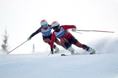 Santacana, tras su guía Miguel Galindo, en la prueba del gigante en la que conquistaron la medalla de plata