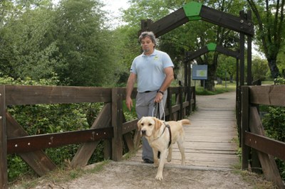 Un usuario acompañado por su perro guía en un camino de montaña