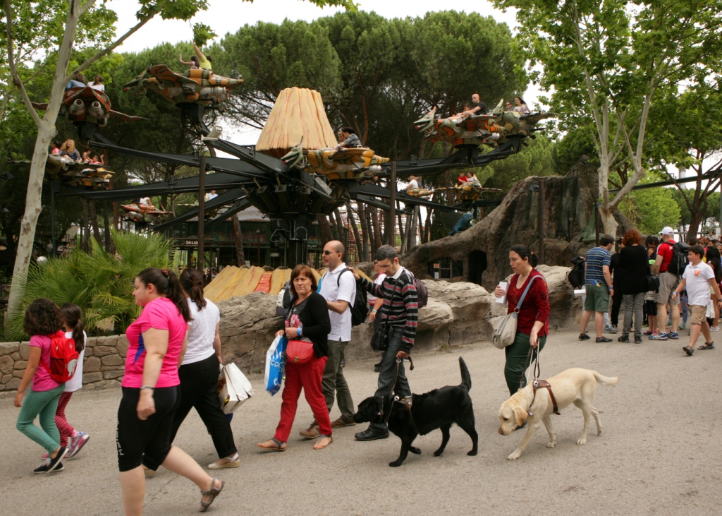 Un grupo de afiliados (algunos con su perro guía) pasean junto a sus familiares por el Parque de Atracciones de Madrid