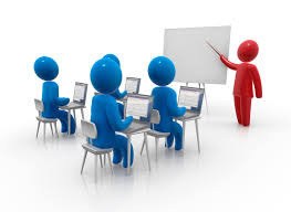 Dibujo representativo de un aula con profesor y cursillistas