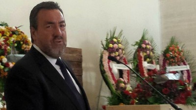 El presidente de ONCE y su Fundación, Miguel Carballeda, interviene durante el funeral de Ventura Pazos