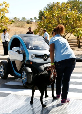 Elisenda, instructora de la FOPG, dejándose guiar por Fanto, un labrador de color negro