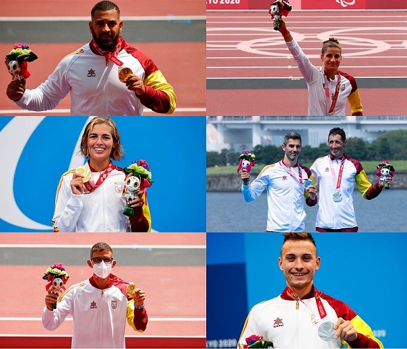 Arriba, Kim López y Sara Martínez. Debajo, Michel Alonso, Héctor Catalá y su guía Gustavo Rodríguez, Yassine Ouhdadi e Íñigo Llopis.