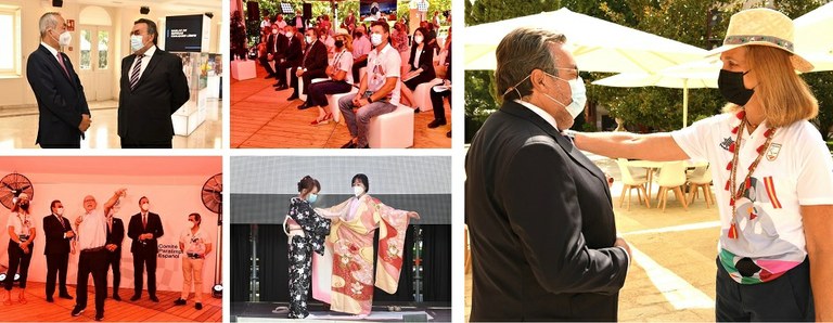 Collage de imágenes de distintos momentos de la inauguración de la Casa Paralímpica, entre ellas, Carballeda con el embajador japonés, arriba a la izquierda. A la derecha, Carballeda y la infanta Elena charlan amigablemente. 