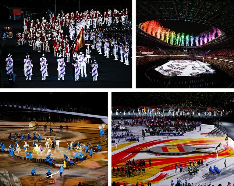 Collage de imágenes de la ceremonia de apertura de los JJPP de Tokio, entre ellas el momento del desfile de la delegación española.