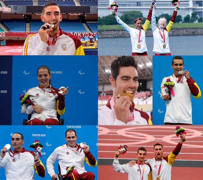 Collage de imágenes de nuestros deportistas mostrando sus medallas. De arriba a abajo y de izda a dcha: Sergio Ibáñez, Susana Rodríguez y su guía Sara Loehr, Marta Fernández, Cabello y Salguero, Luque, Ponce y Descarrega y Rojo.