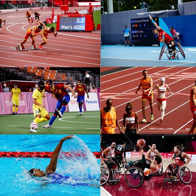 Imágenes de competiciones: Arriba, Décarrega y su guia Gullermo Rojo en la pista. El tenista Daniel Carerzaschi. Partido de fútbol entre España y Tailandia. Susana Rodríguez en los 1.500. Teresa Perales en la piscina y partido de baloncesto España - Japón