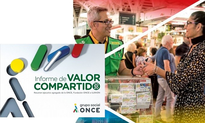 Portada del IVC sobre fondo de una de las imágenes que ilustran la memoria, en la que aparece un vendedor de la ONCE en su punto de venta