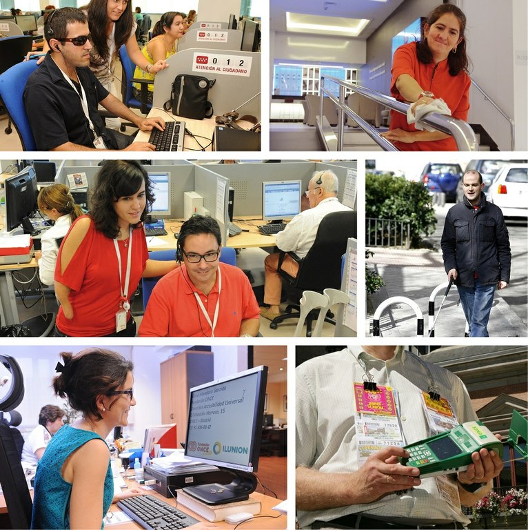Collage de imágenes alusivas al empleo en el Grupo Social ONCE y al Juego Responsable