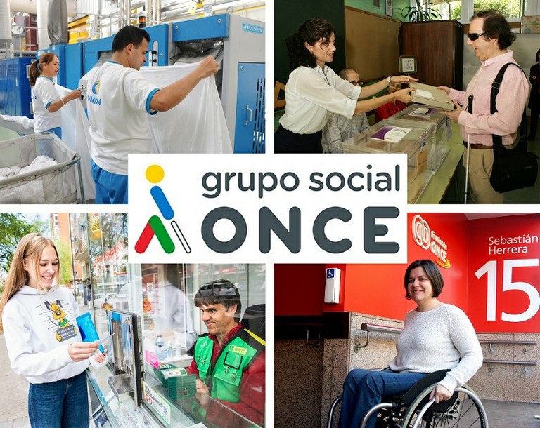 Personas ciegas o discapacidad trabajando en diferentes ámbitos del Grupo Social ONCE.