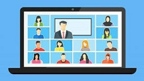 Ilustración de una videollamada grupal con un profesor-moderador
