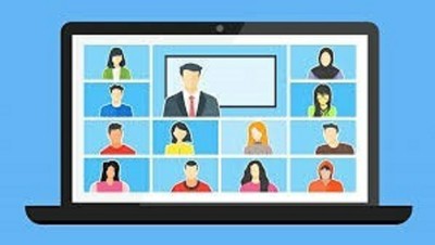 Ilustración de una videollamada grupal con un profesor-moderador