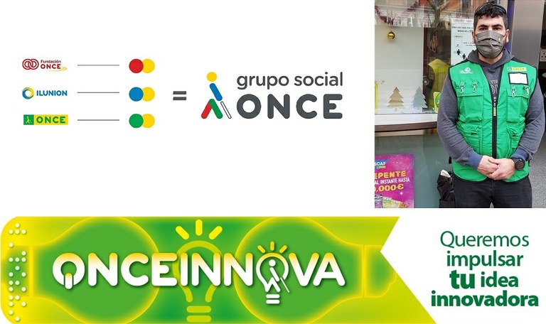 Collage de imágenes. Arriba, gráfica explicativa de la evolución del isotipo ONCELIO de colores para la nueva marca del Grupo Social ONCE, junto a un vendedor con el nuevo chaleco de la red de ventas. Abajo, banner del reto 'ONCE INNOVA'