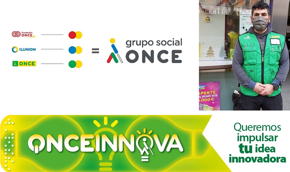 Collage de imágenes. Arriba, gráfica explicativa de la evolución del isotipo ONCELIO de colores para la nueva marca del Grupo Social ONCE, junto a un vendedor con el nuevo chaleco de la red de ventas. Abajo, banner del reto 'ONCE INNOVA'