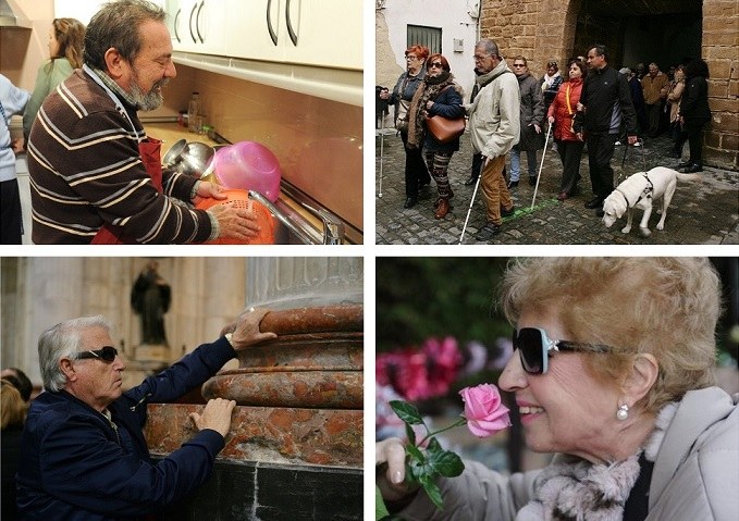 Collage de imágenes de personas afiliadas a la ONCE realizando actividades individuales y en grupo