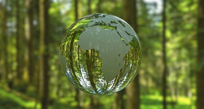 Imagen planeta Tierra en 3D sobre fondo difuminado bosque verde