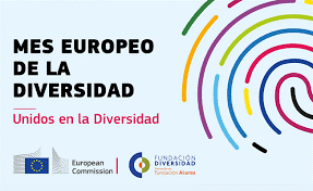 Logo del Mes Europeo de la Diversidad en el que se incluye la frase: "Unidos en la Diversidad" y los logos de la Comisión Europea y la Fundación Diversidad.