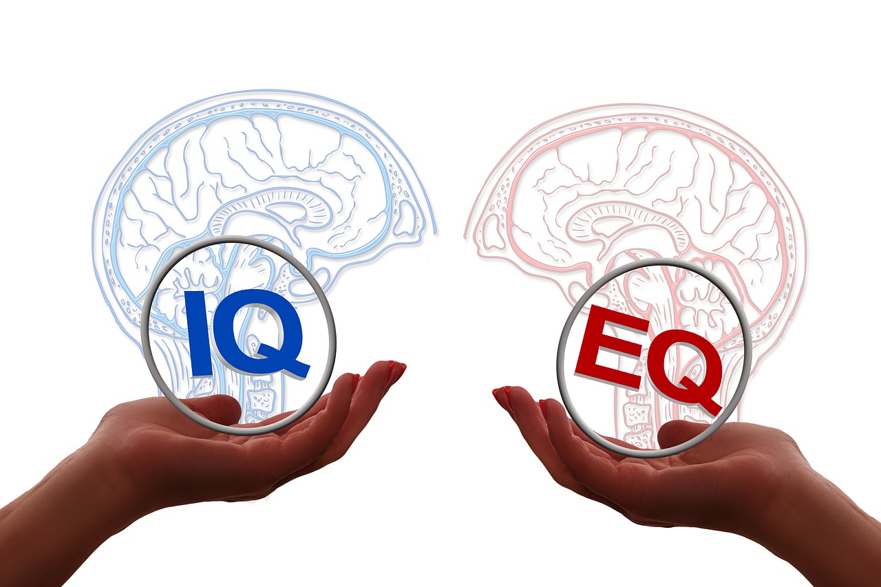 2 manos con dibujo cerebro en su palma (uno representa el cociente intelectual y el otro el cociente emocional