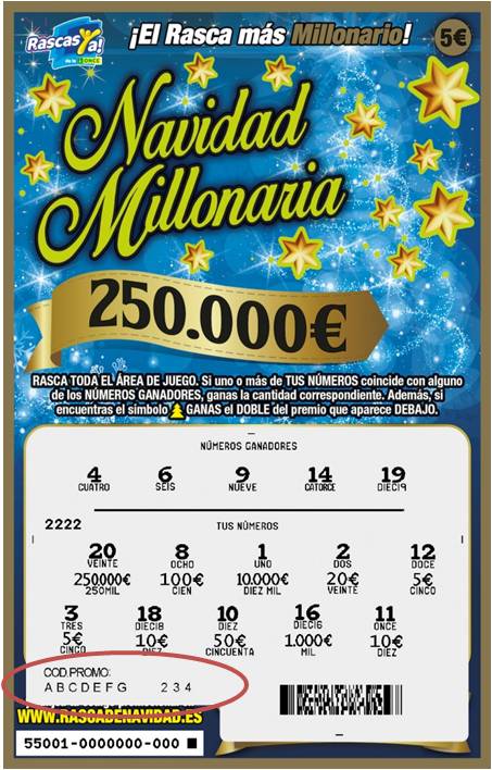 Anverso rascado de boleto no premiado de Navidad Millonaria donde se aprecian los códigos promocionales remarcarlos en rojo