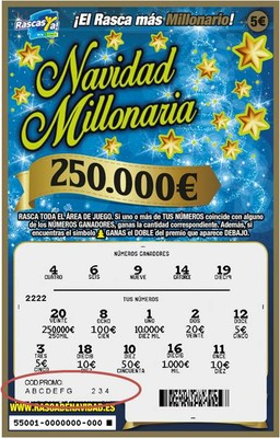 Anverso rascado de boleto no premiado de Navidad Millonaria donde se aprecian los códigos promocionales remarcarlos en rojo