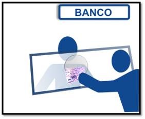 Dibujo de un hombre realizando un pago en ventanilla de un banco