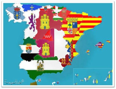 Mapa de España con la delimitación de las Comunidades Autónomas realizada con sus banderas