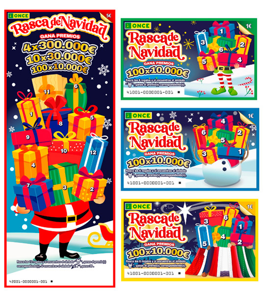 un boleto de Rasca de Navidad de 5 € y 3 de Rasca de Navidad de 1 €