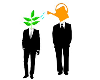 Dos personas con planta y regadera en lugar de cabezas