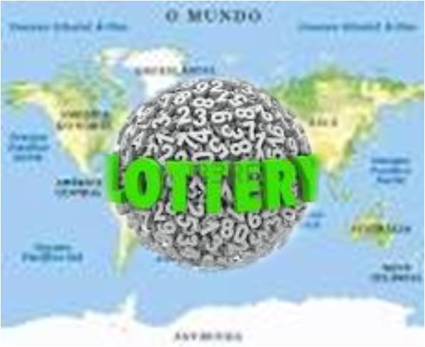 Imagen mapa mundi con bola numérica central y la leyenda lottery