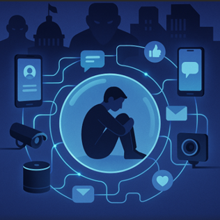 una persona rodeada de los peligros de la hiperconectividad